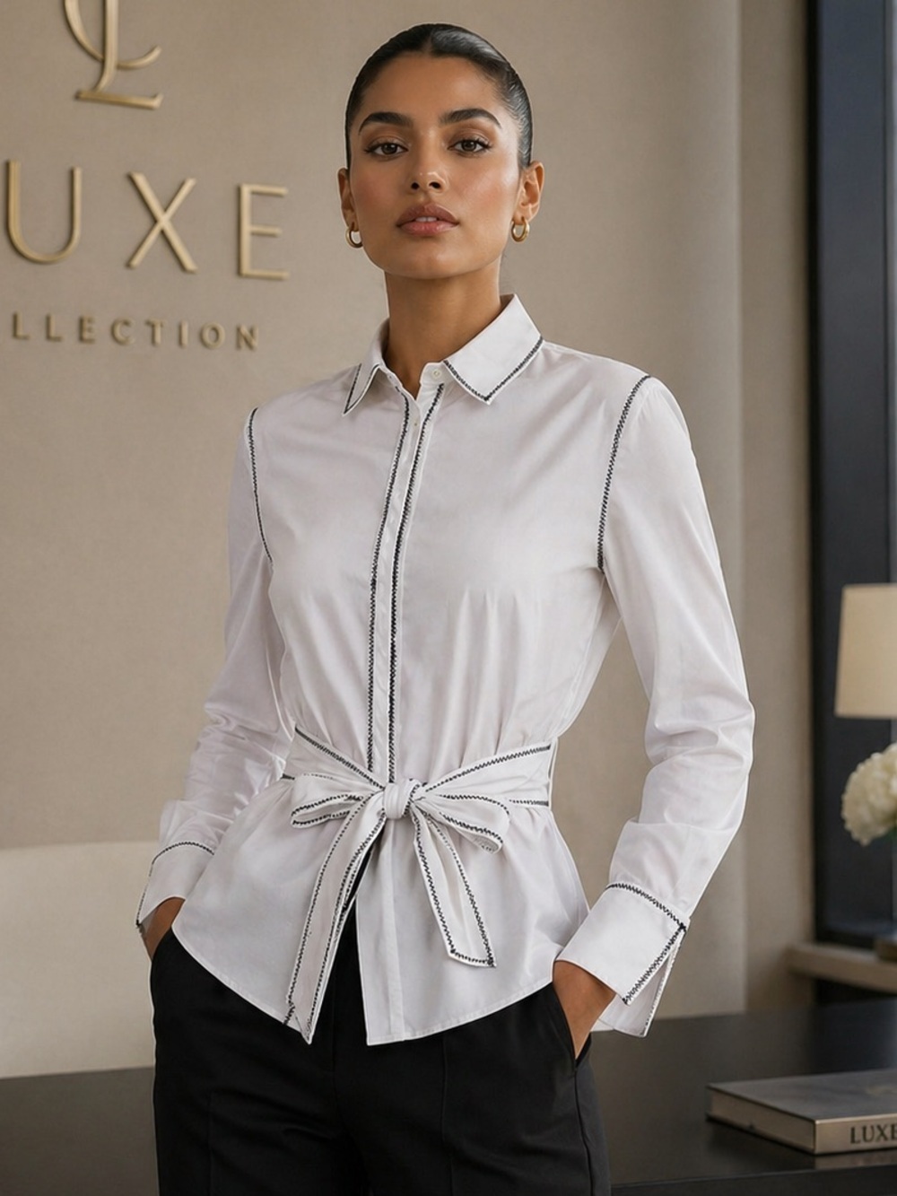 C/MEO NWT Long Sleeve Belted Button Up White Contemporary Business Blouse Top